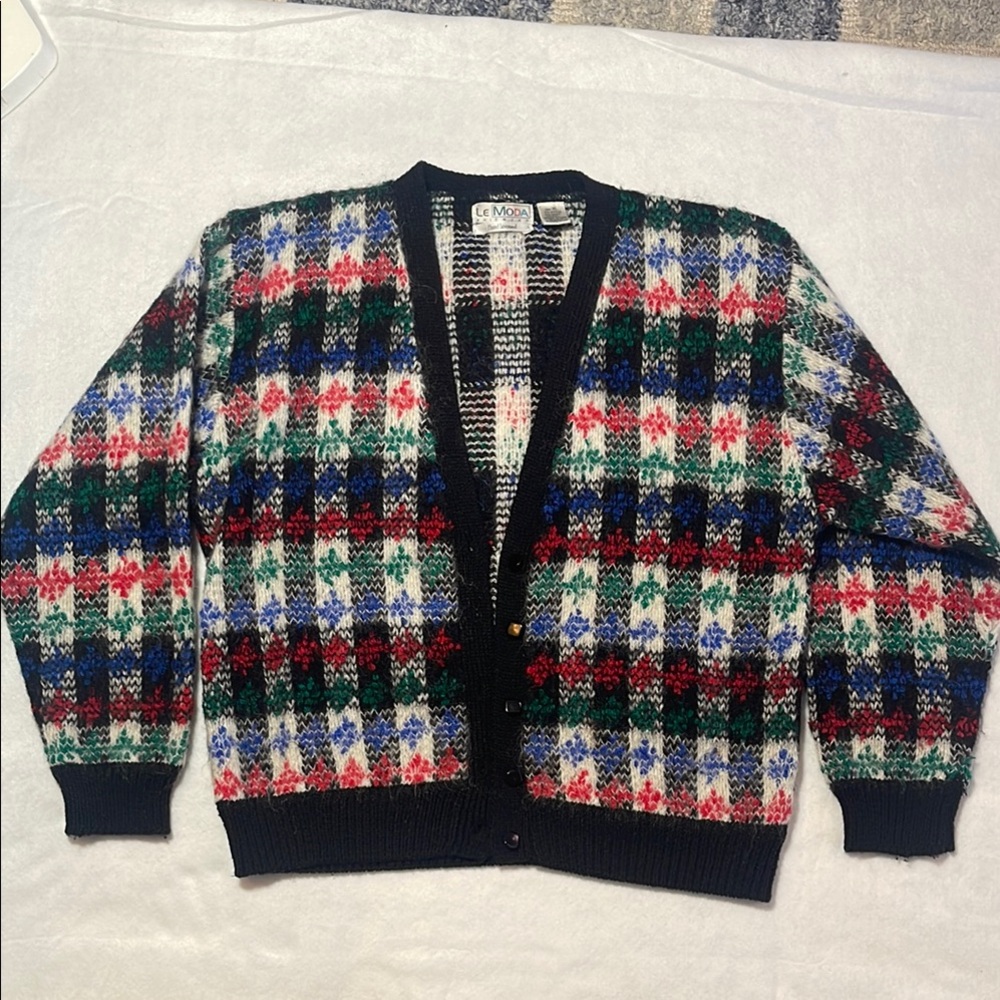 Le Moda XL Cardigan Sweater Plaid Mohair Wool 90s Vintage Red Green Hand Loomed